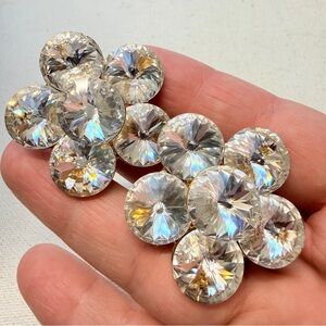 Vintage HUGE Crystal Rivoli Rhinestone Cluster Clip On Earrings Gold Tone